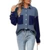 imageAstylish Womens 2024 Corduroy Shacket Color Block Waffle Jackets Casual Long Sleeve Button Down Shirts CoatNavy Blue