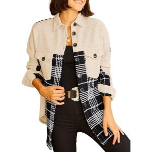 imageAstylish Women 2024 Fashion Long Sleeve Shacket Jacket Button Down Plaid Shirts with PocketsBeige
