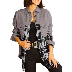imageAstylish Women 2024 Fashion Long Sleeve Shacket Jacket Button Down Plaid Shirts with PocketsGray