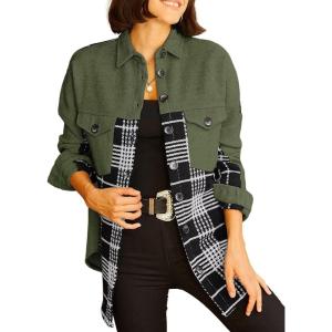 imageAstylish Women 2024 Fashion Long Sleeve Shacket Jacket Button Down Plaid Shirts with PocketsJungle Green