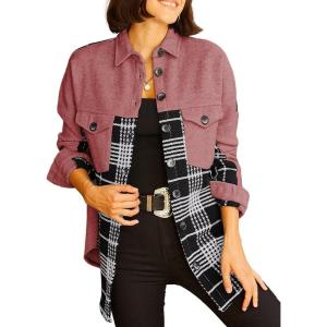 imageAstylish Women 2024 Fashion Long Sleeve Shacket Jacket Button Down Plaid Shirts with PocketsMineral Red