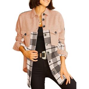 imageAstylish Women 2024 Fashion Long Sleeve Shacket Jacket Button Down Plaid Shirts with PocketsStraw Yellow