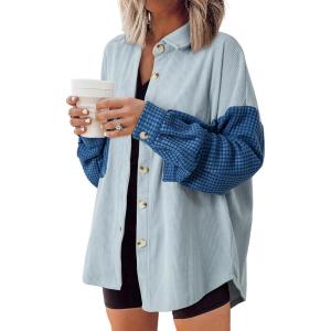 imageAstylish Womens 2024 Corduroy Shacket Color Block Waffle Jackets Casual Long Sleeve Button Down Shirts CoatBeau Blue