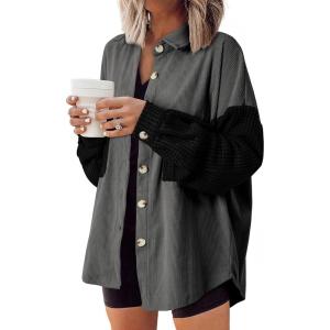 imageAstylish Womens 2024 Corduroy Shacket Color Block Waffle Jackets Casual Long Sleeve Button Down Shirts CoatBlack