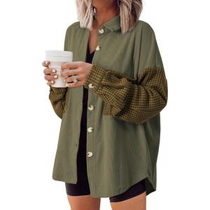 imageAstylish Womens 2024 Corduroy Shacket Color Block Waffle Jackets Casual Long Sleeve Button Down Shirts CoatBlackish Green
