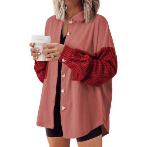 imageAstylish Womens 2024 Corduroy Shacket Color Block Waffle Jackets Casual Long Sleeve Button Down Shirts CoatFiery Red
