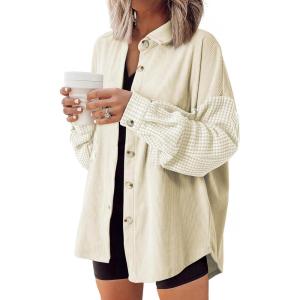 imageAstylish Womens 2024 Corduroy Shacket Color Block Waffle Jackets Casual Long Sleeve Button Down Shirts CoatWhite