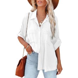imageAstylish Womens Casual Roll up Sleeve Lightweight Blouse Top Button Down Tunic Shirts with Pocket