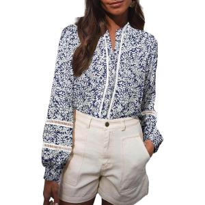 imageAstylish Womens Floral Printed Mock Neck Shirt Button Down Eyelet Blouse TopsFloral Blue