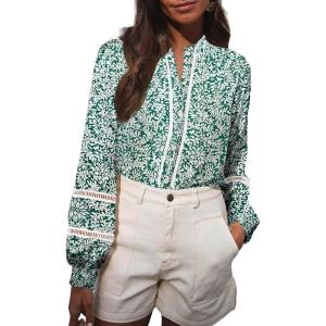 imageAstylish Womens Floral Printed Mock Neck Shirt Button Down Eyelet Blouse TopsFloral Green