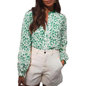 imageAstylish Womens Floral Printed Mock Neck Shirt Button Down Eyelet Blouse TopsGreen