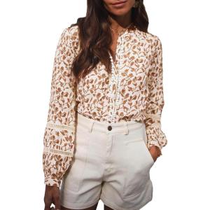imageAstylish Womens Floral Printed Mock Neck Shirt Button Down Eyelet Blouse TopsKhaki