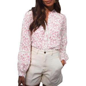 imageAstylish Womens Floral Printed Mock Neck Shirt Button Down Eyelet Blouse TopsPink