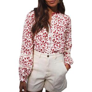imageAstylish Womens Floral Printed Mock Neck Shirt Button Down Eyelet Blouse TopsRed