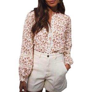 imageAstylish Womens Floral Printed Mock Neck Shirt Button Down Eyelet Blouse TopsYellow