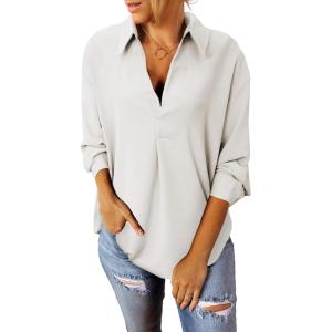 imageAstylish Womens Loose Solid Color Shirts V Neck Blouses 34 Roll Sleeve Tunic Tops White Large