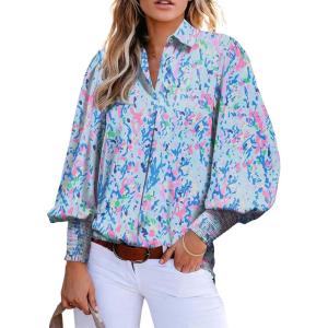 imageAstylish Women 2025 Loose VNeck Shirts Paisley Print Lantern Sleeve Blouse Boho TopsA Blue