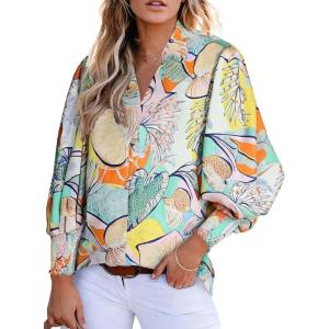 imageAstylish Women 2025 Loose VNeck Shirts Paisley Print Lantern Sleeve Blouse Boho TopsGreen