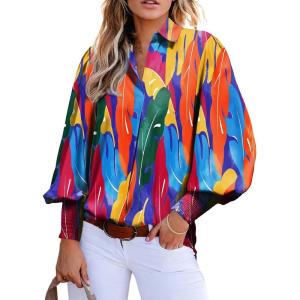 imageAstylish Women 2025 Loose VNeck Shirts Paisley Print Lantern Sleeve Blouse Boho TopsPink