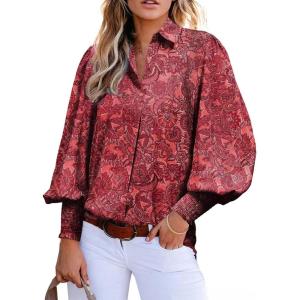 imageAstylish Women 2025 Loose VNeck Shirts Paisley Print Lantern Sleeve Blouse Boho TopsZa Dark Red