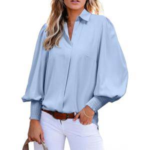imageAstylish Women Loose Button Down Shirts VNeck Solid Lantern Sleeve Blouse TopsZs Light Blue