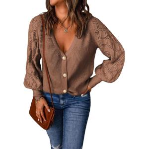 imageAstylish Women Long Sleeve Open Front Knit Button Down Cardigan SweatersC Khaki