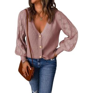 imageAstylish Women Long Sleeve Open Front Knit Button Down Cardigan SweatersD Pink