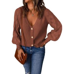 imageAstylish Women Long Sleeve Open Front Knit Button Down Cardigan SweatersE Brick Red