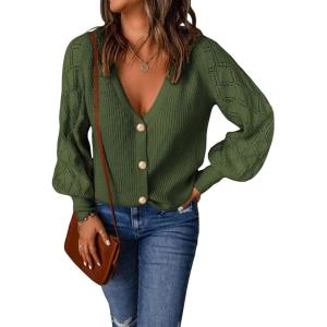 imageAstylish Women Long Sleeve Open Front Knit Button Down Cardigan SweatersF Dark Green