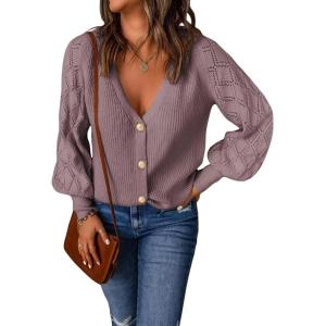 imageAstylish Women Long Sleeve Open Front Knit Button Down Cardigan SweatersPurple