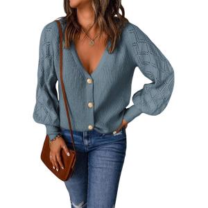 imageAstylish Women Long Sleeve Open Front Knit Button Down Cardigan SweatersSky Blue