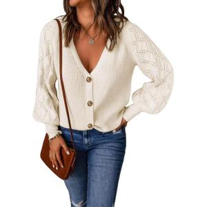 imageAstylish Women Long Sleeve Open Front Knit Button Down Cardigan SweatersWhite