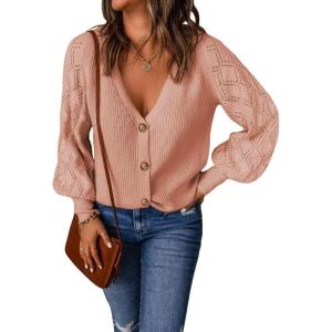imageAstylish Women Long Sleeve Open Front Knit Button Down Cardigan SweatersZ Pink