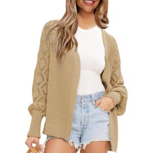 imageAstylish Womens Open Front Cardigan Hollow Out Crochet Long Sleeve Knit Sweater CoatBeige