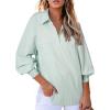 imageAstylish Women 2025 Fine Striped Smocked Cuffed Henley Shirts Long Sleeve Collared Blouse Tops with PocketX Clearly Aqua