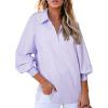 imageAstylish Women 2025 Fine Striped Smocked Cuffed Henley Shirts Long Sleeve Collared Blouse Tops with PocketX Orchid Petal