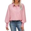 imageAstylish Women 2025 Fine Striped Smocked Cuffed Henley Shirts Long Sleeve Collared Blouse Tops with PocketX Racing Red