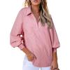 imageAstylish Women 2025 Fine Striped Smocked Cuffed Henley Shirts Long Sleeve Collared Blouse Tops with PocketX Racing Red