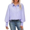 imageAstylish Women 2025 Fine Striped Smocked Cuffed Henley Shirts Long Sleeve Collared Blouse Tops with PocketX Wisteria