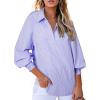 imageAstylish Women 2025 Fine Striped Smocked Cuffed Henley Shirts Long Sleeve Collared Blouse Tops with PocketX Wisteria