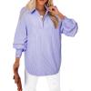 imageAstylish Women 2025 Fine Striped Smocked Cuffed Henley Shirts Long Sleeve Collared Blouse Tops with PocketX Wisteria
