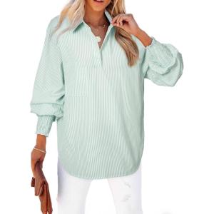 imageAstylish Women 2025 Fine Striped Smocked Cuffed Henley Shirts Long Sleeve Collared Blouse Tops with PocketX Clearly Aqua