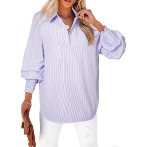 imageAstylish Women 2025 Fine Striped Smocked Cuffed Henley Shirts Long Sleeve Collared Blouse Tops with PocketX Orchid Petal