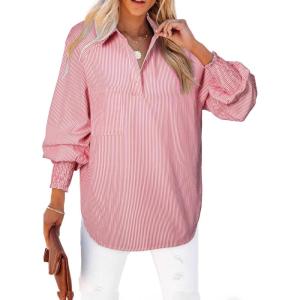 imageAstylish Women 2025 Fine Striped Smocked Cuffed Henley Shirts Long Sleeve Collared Blouse Tops with PocketX Racing Red