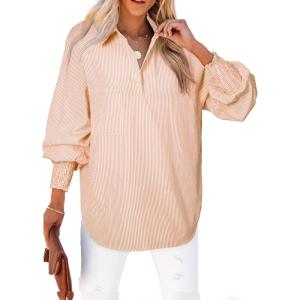 imageAstylish Women 2025 Fine Striped Smocked Cuffed Henley Shirts Long Sleeve Collared Blouse Tops with PocketX Yellow