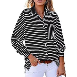 imageAstylish Womens Casual Blouses Button Down Business Work Tops Long Sleeve V Neck Striped Shirts 2025 Fall OutfitsBlack