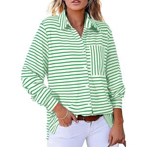 imageAstylish Womens Casual Blouses Button Down Business Work Tops Long Sleeve V Neck Striped Shirts 2025 Fall OutfitsBlackish Green
