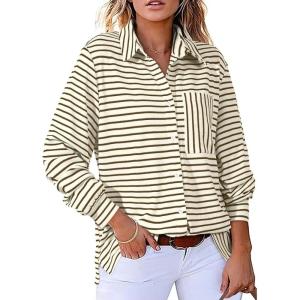 imageAstylish Womens Casual Blouses Button Down Business Work Tops Long Sleeve V Neck Striped Shirts 2025 Fall OutfitsBrown