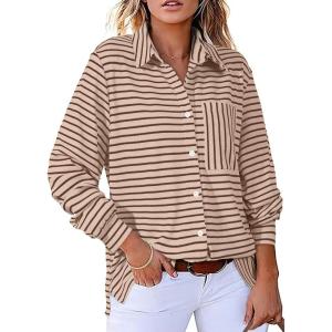 imageAstylish Womens Casual Blouses Button Down Business Work Tops Long Sleeve V Neck Striped Shirts 2025 Fall OutfitsChestnut
