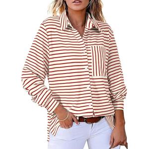 imageAstylish Womens Casual Blouses Button Down Business Work Tops Long Sleeve V Neck Striped Shirts 2025 Fall OutfitsFiery Red